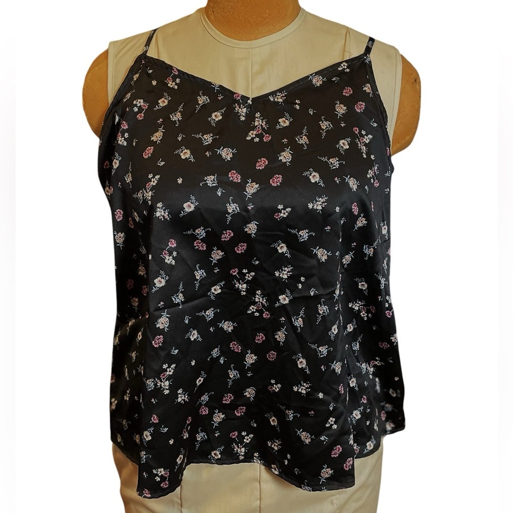 Vtg style Floral Black Camisole Top shiny sleek L Large flowers wild fable tank